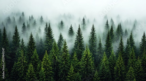 Lush green coniferous trees shrouded in mist create a serene forest landscape atmosphere.