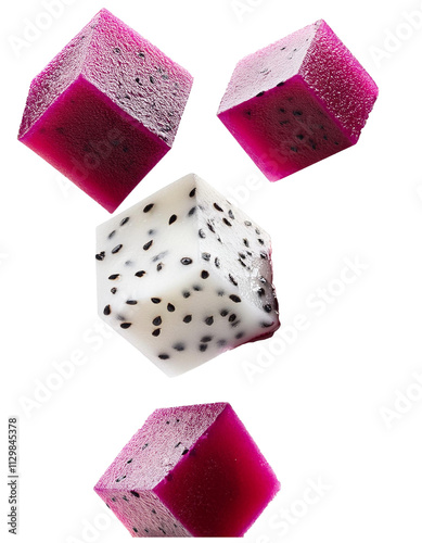 Falling dragonfruit cube isolated on white background with full depth of field with exotic white and black speckles and natural beauty always.