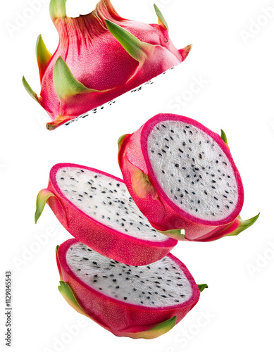 Falling dragonfruit slice isolated on white background with full depth of field showcasing exotic patterns and natural beauty always.