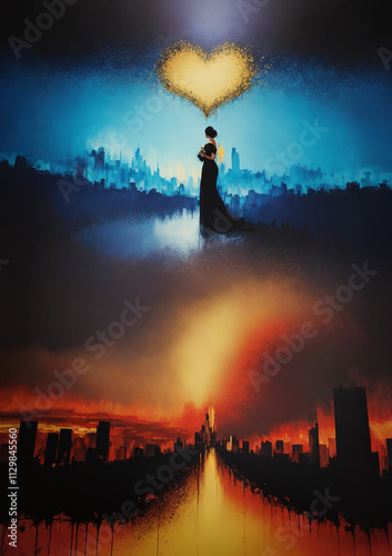 city in the night with trippy woman walking along the cityscape