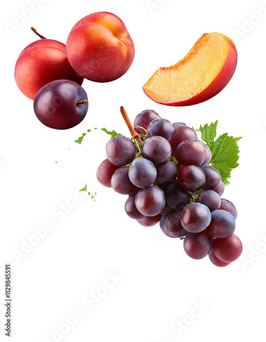 Falling grape and peach isolated on white background with full depth of field with juicy and sweet hues and natural beauty always found.