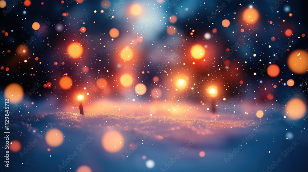 Winter wonderland scene. Blurred lights create warm glow over snowy landscape. Soft snowfall and colorful bokeh lights make dreamy atmosphere. Ideal for holiday or winter themes. Winter wonderland scene. Blurred lights create warm glow over snowy landscape. Soft snowfall and colorful bokeh lights make dreamy atmosphere. Ideal for holiday or winter themes.