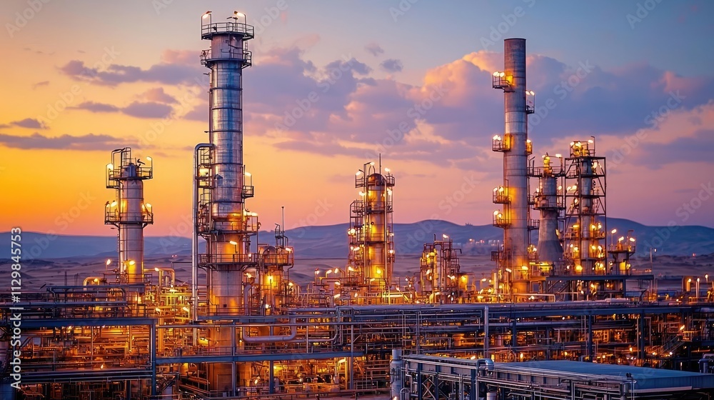 An industrial complex with towering structures illuminated at sunset. An industrial complex with towering structures illuminated at sunset.