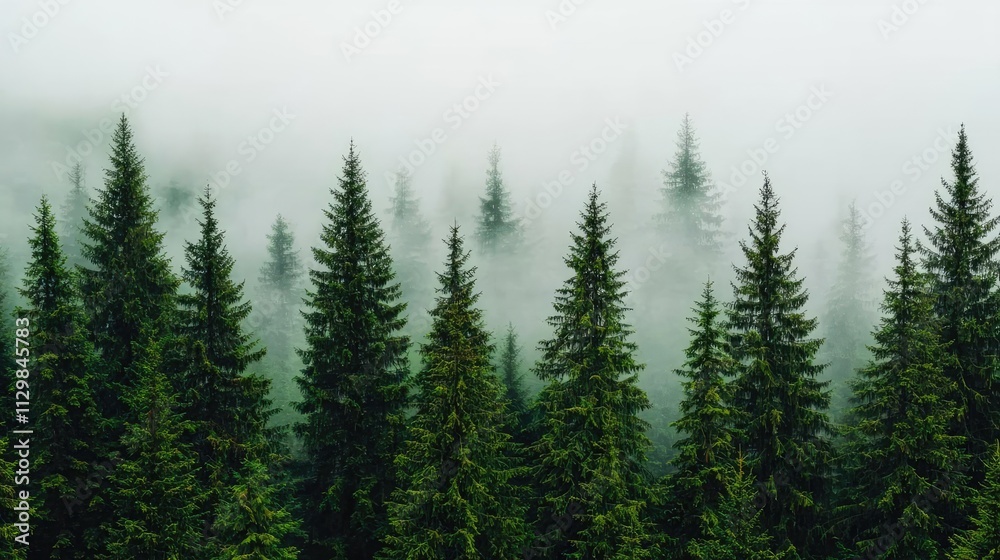 A serene forest landscape shrouded in mist, showcasing tall evergreen trees in harmony. A serene forest landscape shrouded in mist, showcasing tall evergreen trees in harmony.