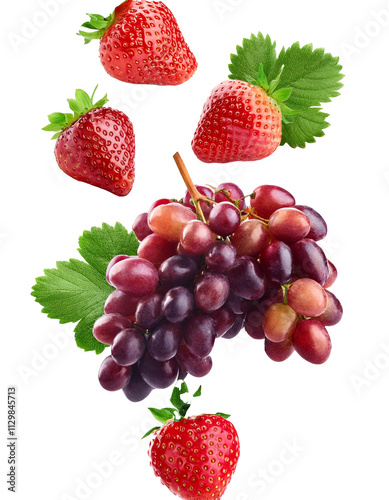 Falling grape and strawberry isolated on white background with full depth of field highlighting juicy sweetness and natural beauty always.