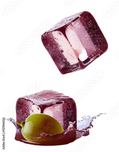 Yet another translucent cube of falling grape on white isolated and juicy in full depth of field