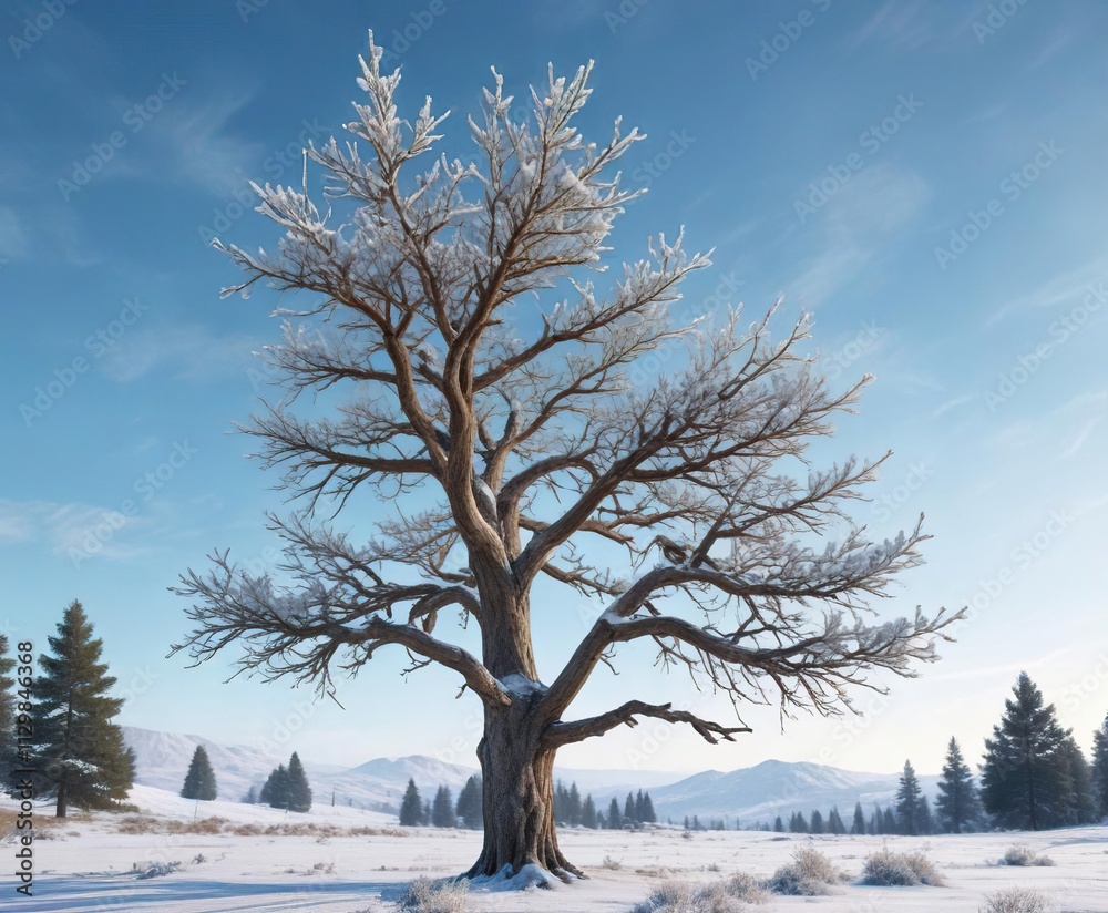 A bare pine tree with snow-covered branches against a frosty blue sky , peaceful, serene A bare pine tree with snow-covered branches against a frosty blue sky , peaceful, serene