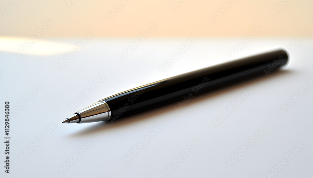 A sleek black pen resting on a white surface, ready for writing. A sleek black pen resting on a white surface, ready for writing.