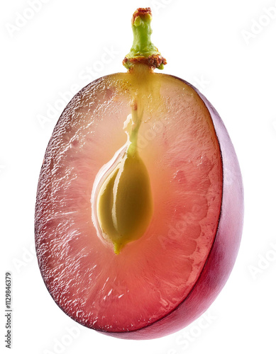 Another juicy translucent slice of falling grape isolated on white appealing in full depth of field