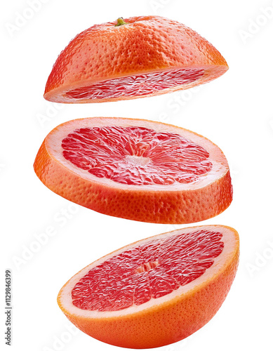 Another vibrant juicy slice of falling grapefruit on white isolated with segments in full depth of field