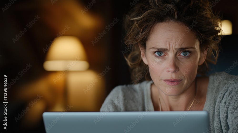 Concerned woman working late on a laptop at home with warm lighting Concerned woman working late on a laptop at home with warm lighting