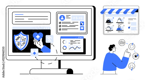 Health monitoring on a screen displaying icons of health, graphs, and user profiles. Person interacting with health icons. Ideal for healthcare, telehealth, user engagement, app design, medical