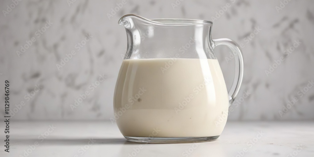A close-up shot of a glass jug filled with creamy whole cow milk against a white background, lactose, dairy product, close-up A close-up shot of a glass jug filled with creamy whole cow milk against a white background, lactose, dairy product, close-up