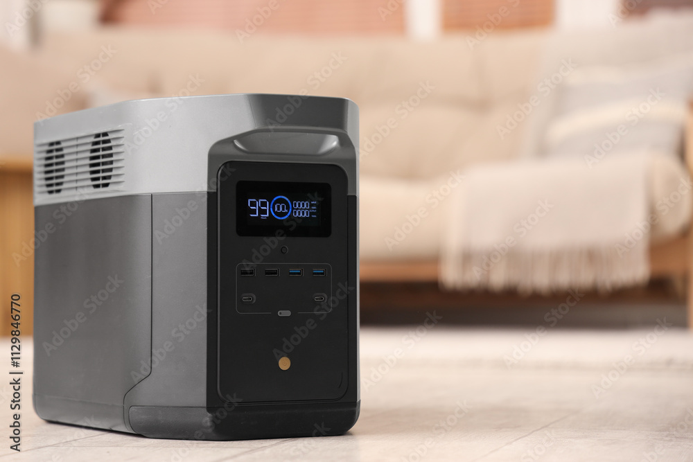 Portable power station on floor in living room, closeup Portable power station on floor in living room, closeup