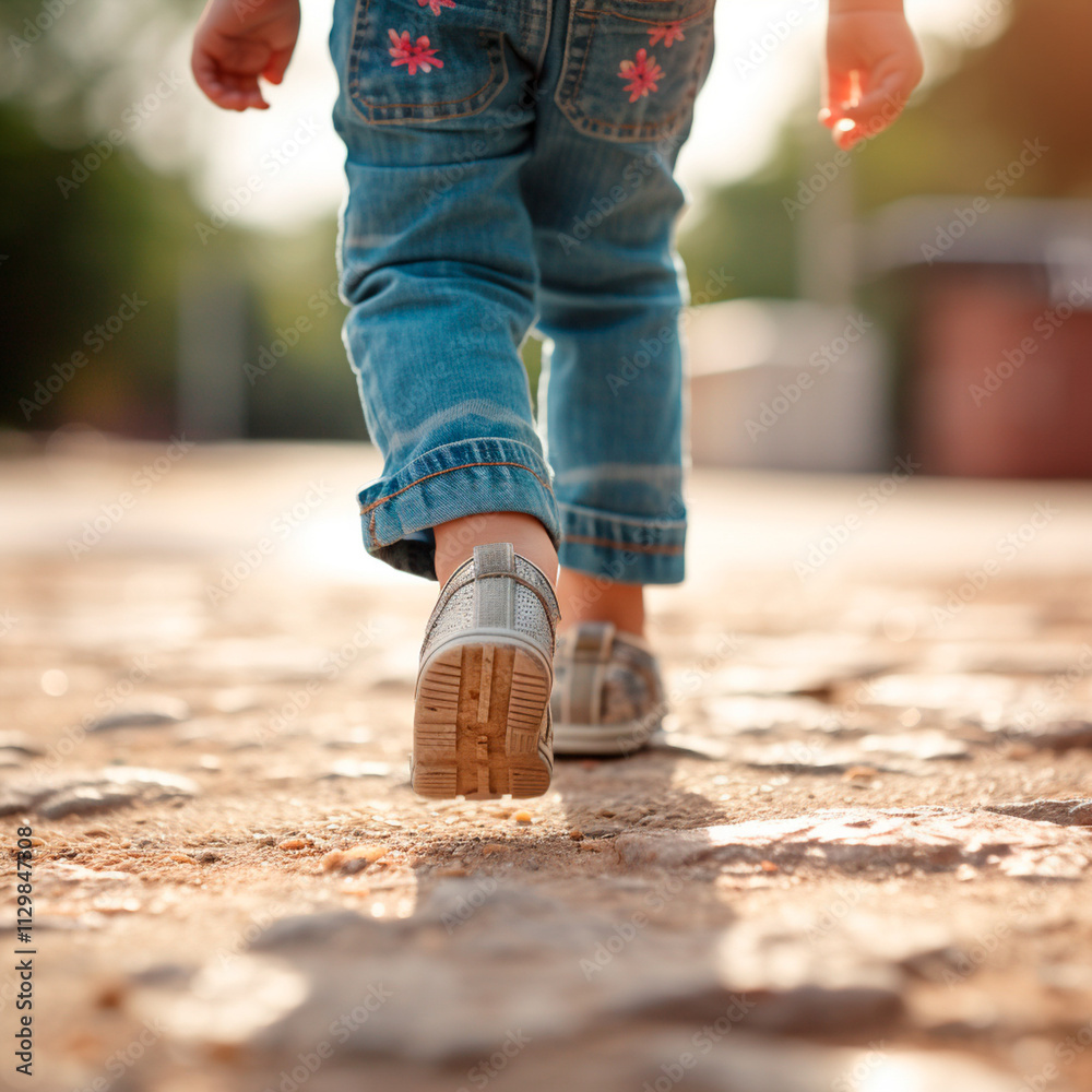 Detail of joyful autistic child's steps walking outside symbolizing Autism Awareness Day. Detail of joyful autistic child's steps walking outside symbolizing Autism Awareness Day.