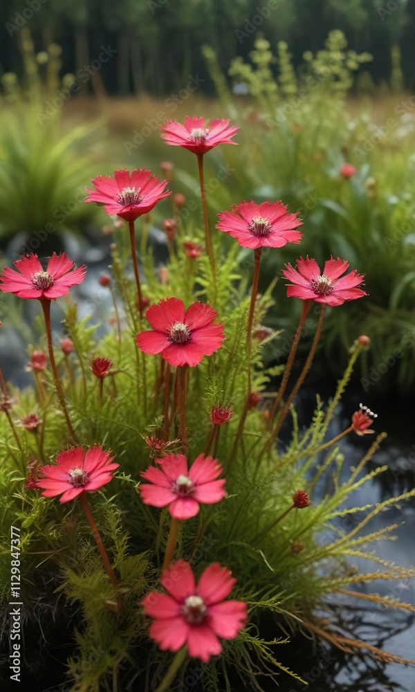 A group of Drosera rotundifolia plants growing in a marshy area of Surrey UK, Carnivorous Plant, Sundew A group of Drosera rotundifolia plants growing in a marshy area of Surrey UK, Carnivorous Plant, Sundew