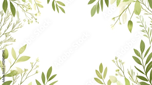 Green leaves frame on white background, nature border.