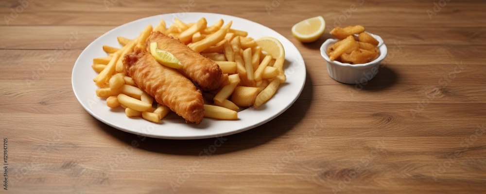 A plate of golden brown fish and chips placed on a modern wooden table with a minimalist background, food, wood, fish and chips A plate of golden brown fish and chips placed on a modern wooden table with a minimalist background, food, wood, fish and chips