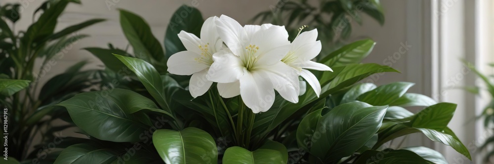 A serene and elegant white flower blooms among the broad green leaves of a popular houseplant, calming atmosphere, lush leaves A serene and elegant white flower blooms among the broad green leaves of a popular houseplant, calming atmosphere, lush leaves