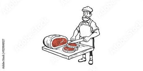 Hand drawn vector illustration of a meat butcher working in a butcher shop, butcher uniform, knife