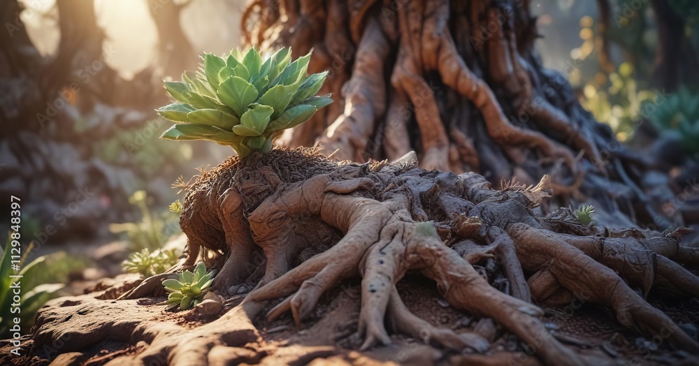 A small succulent or cactus growing on the roots of an ancient and gnarled tree trunk , succulents, plant growth, greenery A small succulent or cactus growing on the roots of an ancient and gnarled tree trunk , succulents, plant growth, greenery