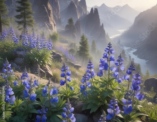 Aconitum napellus flowers against rugged mountain landscape with misty atmosphere and early morning sunlight filtering through trees, wildflowers, aconitum photo