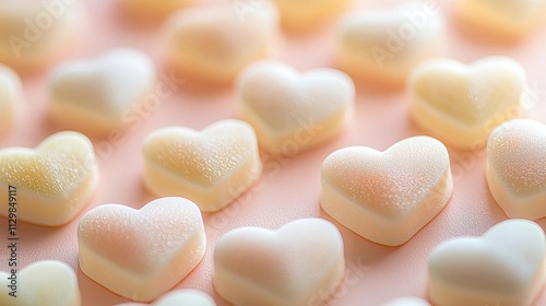 Sweet heart-shaped gummies in pastel colors arranged on a soft pink background.