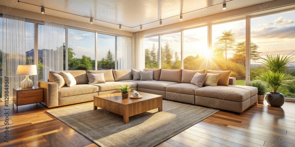 Sun-drenched minimalist living room, long exposure reveals airy openness. Sun-drenched minimalist living room, long exposure reveals airy openness.