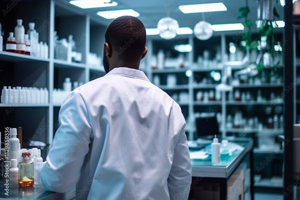 Man working in a pharmaceutical lab, near shelves filled with medical products and medicines. Man working in a pharmaceutical lab, near shelves filled with medical products and medicines.