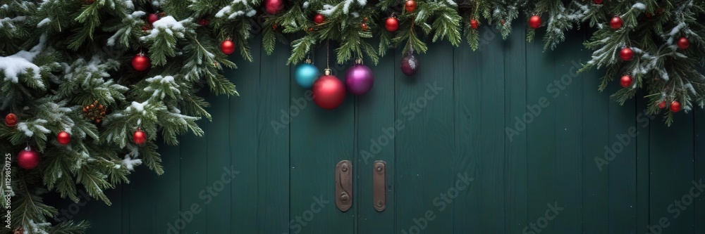 Colorful Christmas baubles on a dark green wooden door with snow-covered evergreen branches, glass balls, colorful ornaments, dark green background Colorful Christmas baubles on a dark green wooden door with snow-covered evergreen branches, glass balls, colorful ornaments, dark green background