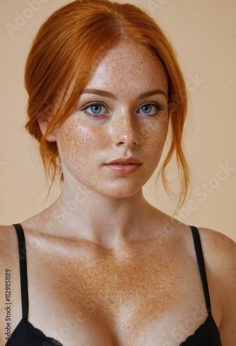 portrait of a beautiful woman with freckles redheaded model blue eyes with bra looking at camera