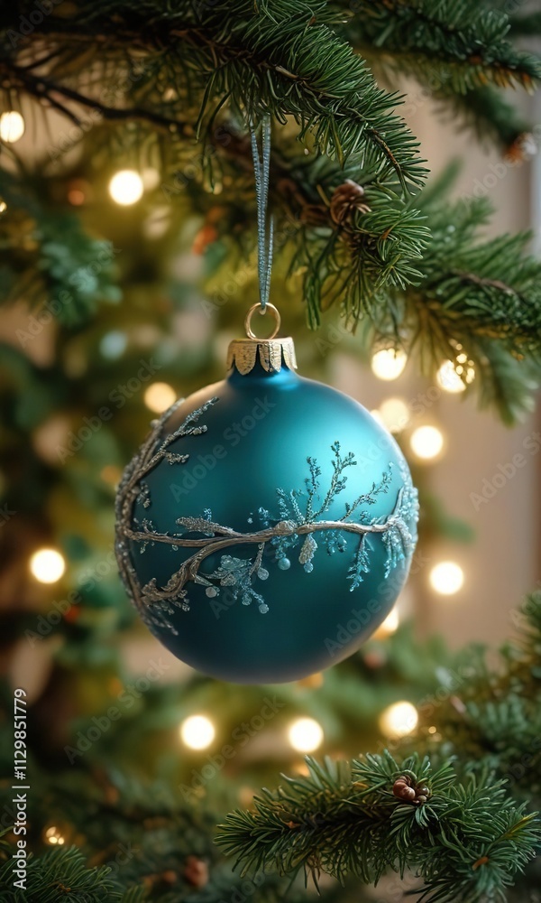 Delicate Teal Ornament Hanging on a Christmas Tree Branch , teal ornament, festive decoration, Delicate Teal Ornament Hanging on a Christmas Tree Branch , teal ornament, festive decoration,