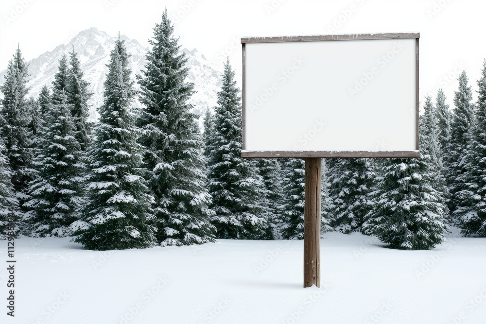 Winter scene with blank billboard amidst snowy pine forest nature photography tranquil environment outdoor perspective conceptual marketing Winter scene with blank billboard amidst snowy pine forest nature photography tranquil environment outdoor perspective conceptual marketing