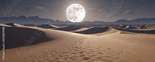 Desert landscape under a full moon with silvery light casting long shadows on sandy dunes, full moon,  astronomical phenomena photo