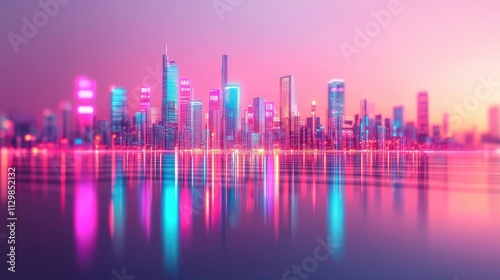 Currency value concept. Vibrant city skyline at dusk reflecting on calm waters, showcasing modern architecture.