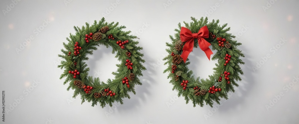 Evergreen Christmas Wreath on White Background , winter decoration, snowflake