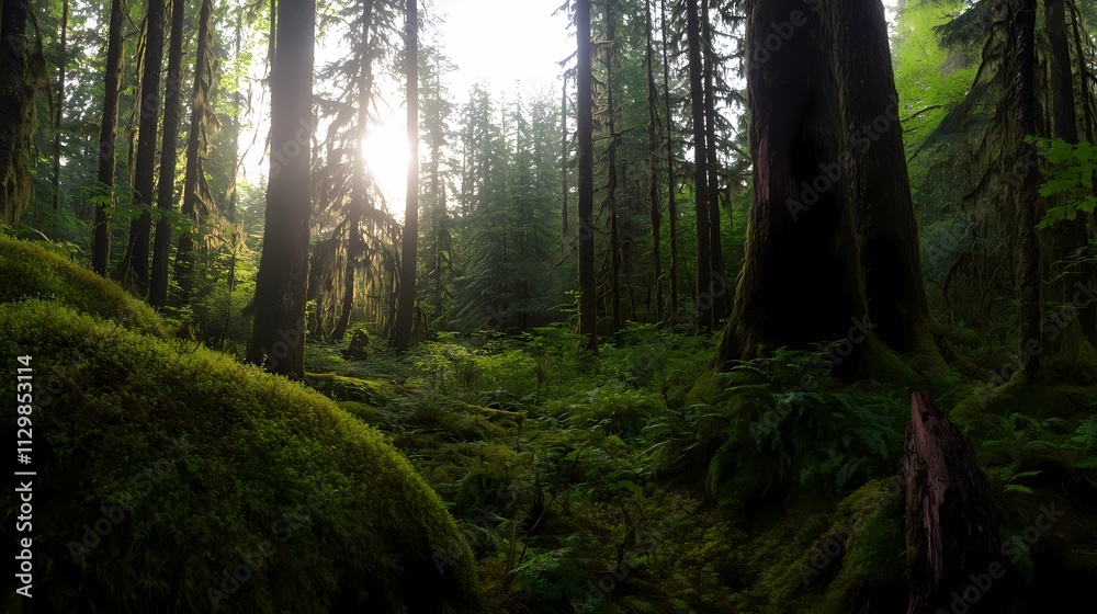 Fototapeta premium Sunlit forest path with moss covered ground and tall trees.