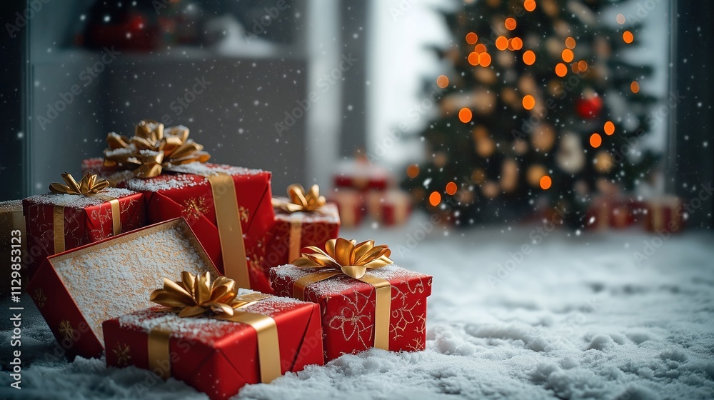 Red gift boxes with gold ribbons sit in snow. Christmas tree with orange lights in background. Snowy scene. Holiday gifts ready for opening. Festive atmosphere perfect for holiday photo stock. Red gift boxes with gold ribbons sit in snow. Christmas tree with orange lights in background. Snowy scene. Holiday gifts ready for opening. Festive atmosphere perfect for holiday photo stock.