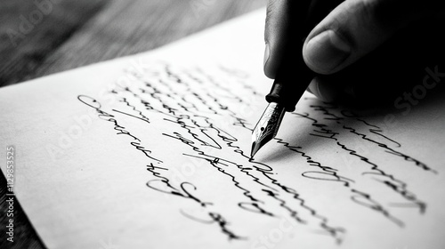 Timeless Poetry: A Young Man’s Hand Writing on an Old Piece of Paper with a Fountain Pen photo