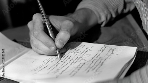 Timeless Poetry: A Young Man’s Hand Writing on an Old Piece of Paper with a Fountain Pen photo