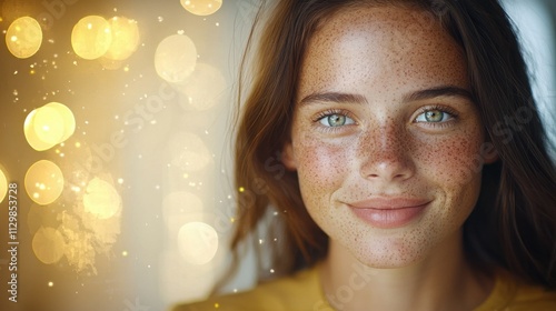 Radiant young girl with freckles indoor portrait bright environment