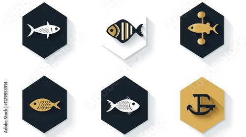  Elegant square icon featuring an anchor fish design, styled with a refined combination of white, black, and gold tones for goods selection branding. photo