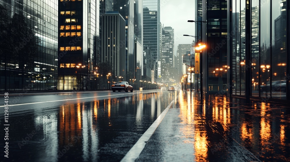 Obraz premium Ultra-realistic, cinematic urban cityscape background for a car advertisement, daytime setting with high-definition detail, empty city street with no cars or pedestrians, modern high-rise buildings so