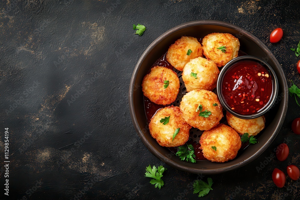 Golden Fried Potato Balls Served with Spicy Red Sauce on a Dark Textured Background, Perfect for Appetizers and Snack Photography Golden Fried Potato Balls Served with Spicy Red Sauce on a Dark Textured Background, Perfect for Appetizers and Snack Photography