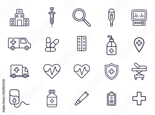 medical icons set of web icons in line style. Medicine and Health Care linear icon collection. Containing emergency, hospital, doctor, treatment, medical, report, diagnosis, health, prevention.