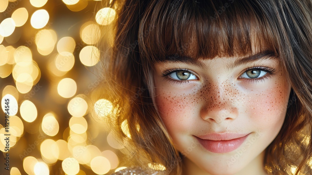 Radiant young girl with freckles indoor portrait warm lights Radiant young girl with freckles indoor portrait warm lights