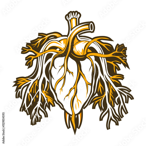 Vintage illustration of the human heart with blood flow vessels