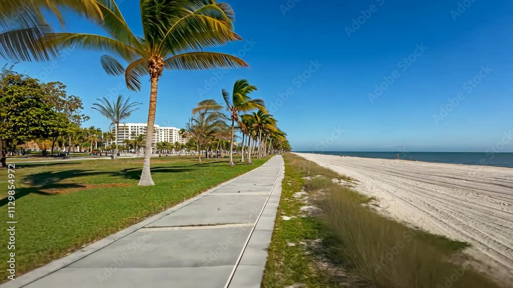 Coastal walkway lined with palm trees offers a serene view of the beach and clear blue sky in a tropical location