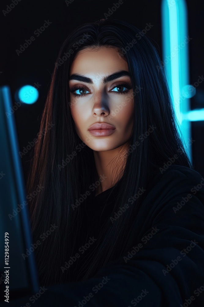 Confident young woman with striking features in a dark futuristic setting Confident young woman with striking features in a dark futuristic setting