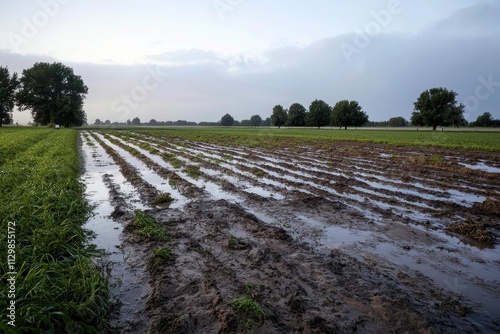 Serene agricultural landscape depicting freshly tilled soil with waterlogged fields under a cloudy sky, showcasing rows of crops and lush greenery in tranquil rural setting.